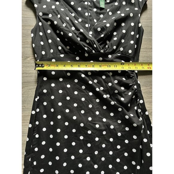 Lauren Ralph Lauren Sheath Dress Black White Polka Dot Ruched Faux Wrap Size 8 - Picture 7 of 9